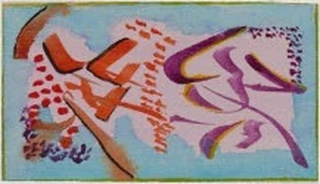 Watercolor with orange and violet strokes and red speckles on pale blue