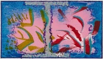 Watercolor with rose and green figures over blue panels
