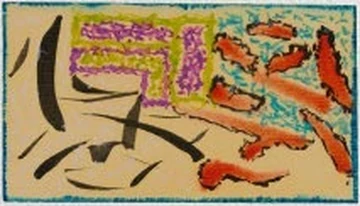 Watercolor with black and coral gestures over warm sand