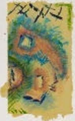 Vertical watercolor with blue and ochre figures on a golden wash