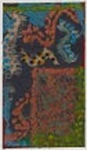Vertical watercolor in deep blue and umber patchwork