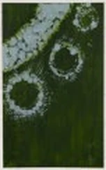 Vertical watercolor with pale rings drifting across deep green