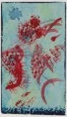 Vertical watercolor with red blossoms scattered on ice blue