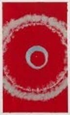 Vertical watercolor with a white halo ring on vivid red