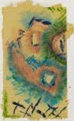 Vertical watercolor with ochre figures and red notes on gold