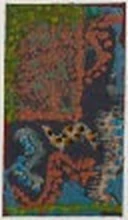 Vertical watercolor in dark patchwork with ember orange