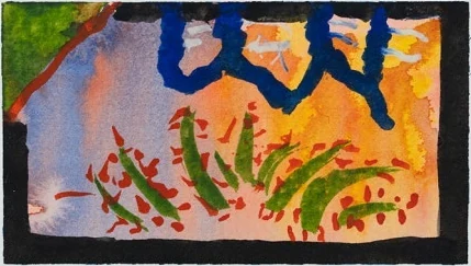 Watercolor with blue forms above green sprigs on warm orange