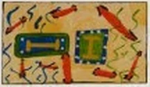 Watercolor with jeweled bands and cinnabar marks on sand